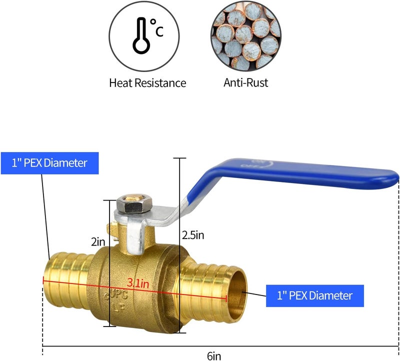 PXZBLG 1" PEX Ball Valves, PEX Brass Full Port Shut Off Valve, Full Port Water Stop Shut Off, Water Shut Off Valve - Image 2